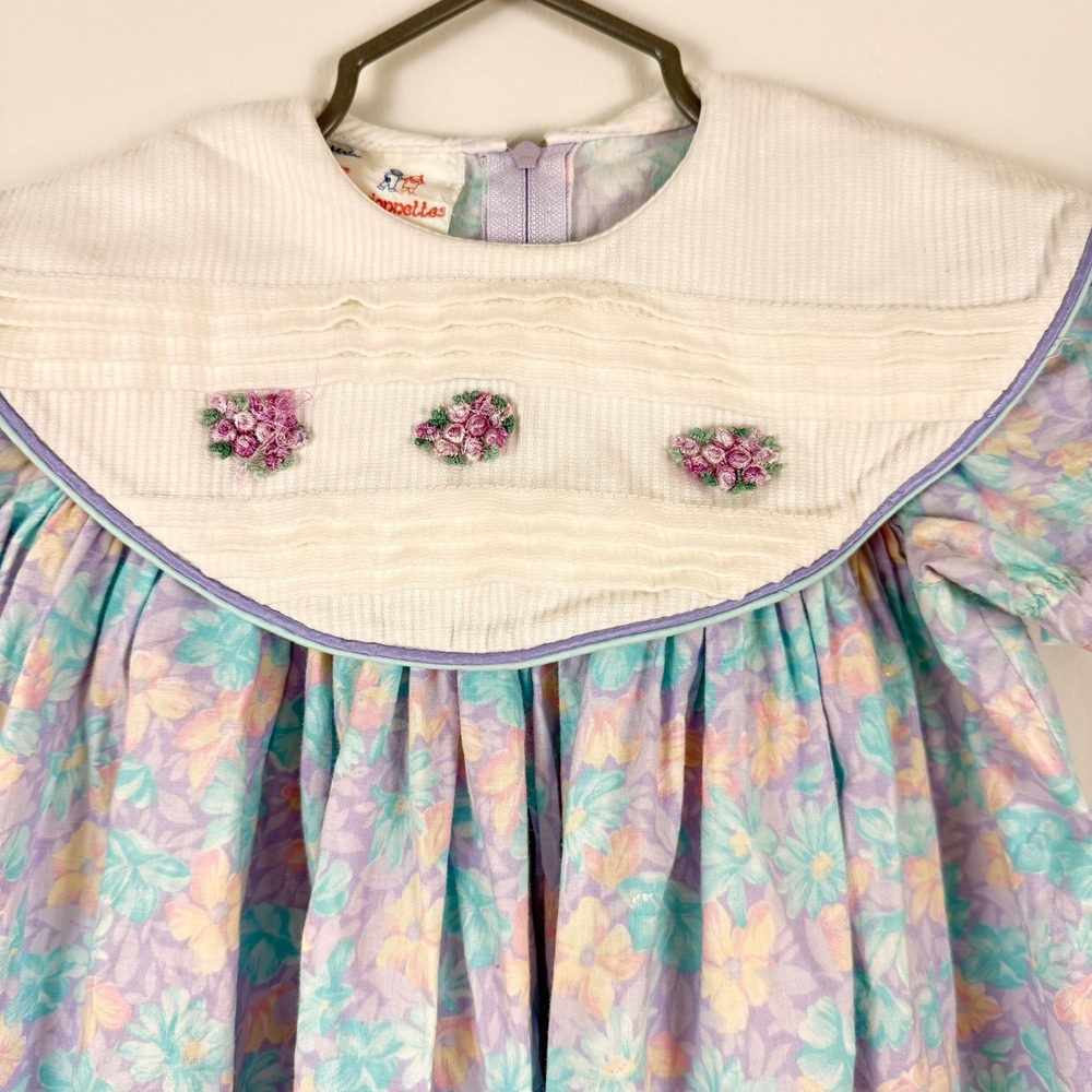 Vintage Petites Marionnettes Girls Floral Bib Collar Dress Pastel Purple Size 2‎